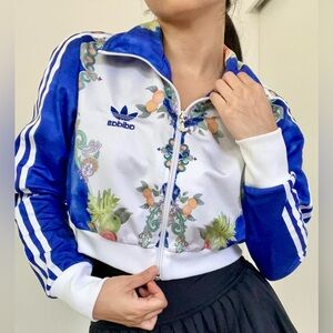 Adidas Women's Blue Floral Jacket cropped